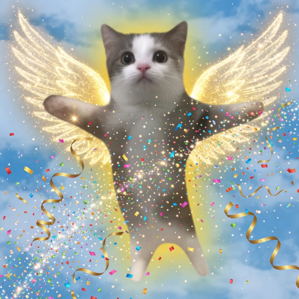 Happy Cat celebrating with golden wings